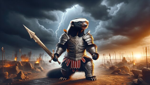 An imposing honey badger in ornate battle armor stands ready on a war-torn battlefield, with lightning splitting the sky at dusk
