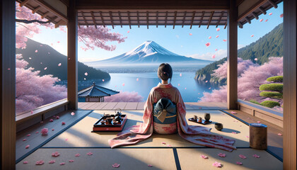 A back view of a solo traveler in a yukata enjoying a picnic amidst sakura by Lake Fuji, perfect for cultural social ads. AI Generated