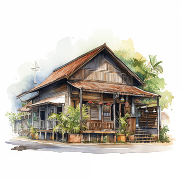 Rumah Kampung Malaysia, wooden house in watercolor