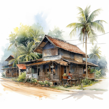 Rumah Kampung Malaysia, wooden house in watercolor