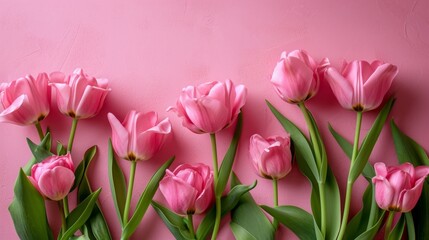 Pink Tulips Composition on Pastel Pink Background AI Generated