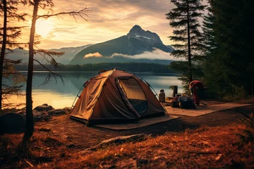 Foto op Plexiglas A tent besides a beautiful lake © grey