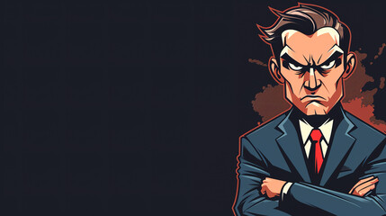 cool looking angry businessman in minimal bold line and bold colors comic style illustration with copyspace.