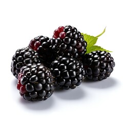 Blackberry isolated on white background, Pile of ripe blackberries with green leaves