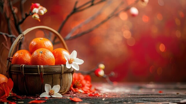 Accessories on Lunar New Year & Chinese New Year vacation concept background.Orange in wood basket with flower on modern rustic brown & red backdrop at home office desk