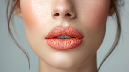 Beautiful lips Close-up. Makeup. Lip matte lipstick. Sexy lips. Part of face, young woman close up. perfect plump lips bodily lipstick. peach color of lipstick on large lips. - obrazy, fototapety, plakaty