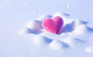 Obraz premium A soft pink heart on the snowfield, background, Valentine's Day, Christmas. Generative AI