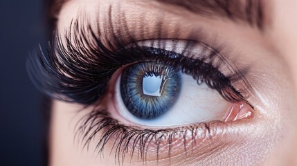 Obraz premium Female Eye with Extreme Long False Eyelashes. Eyelash Extensions. Makeup, Cosmetics, Beauty. Close up, Macro