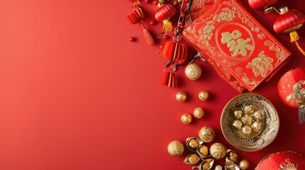 Top view of lucky envelopes and decorative items for Chinese lunar new year on red background. Space for text