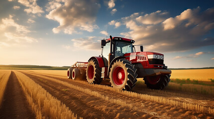 Obraz premium Tractor on field during agricultural harvest of grain with agricultural machinery, Farmer | Generative AI