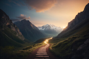 Path to success concept, with a glowing light path going up the mountain design. - obrazy, fototapety, plakaty