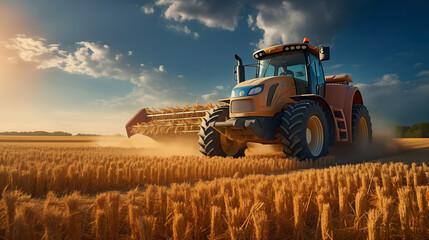 Obraz premium Tractor on field during agricultural harvest of grain with agricultural machinery, Farmer | Generative AI