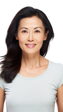 Asian beautiful gorgeous 50s mid aged mature woman looking at camera isolated on a transparent background. Healthy face skin care beauty.