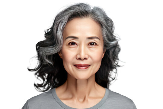 Asian beautiful gorgeous 50s mid aged mature woman looking at camera isolated on a transparent background. Healthy face skin care beauty.