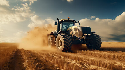 Obraz premium Tractor on field during agricultural harvest of grain with agricultural machinery, Farmer | Generative AI
