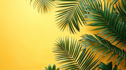 Fototapeta na wymiar Top View of Tropical Palm Leaves on Yellow Background AI Generated
