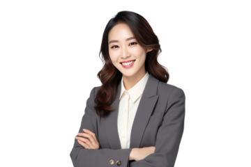 Asian business woman smiling in suit, crossed arms isolated on a transparent background.