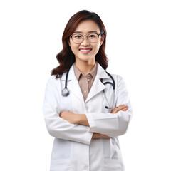 Fototapeta premium Asian happy female pharmacist standing with your arms crossed with confidence isolated on a transparent background.