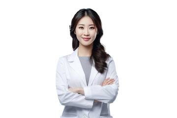 Asian happy female pharmacist standing with your arms crossed with confidence isolated on a transparent background.