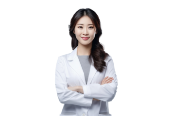 Asian happy female pharmacist standing with your arms crossed with confidence isolated on a transparent background.