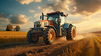 Fototapeta premium Tractor on field during agricultural harvest of grain with agricultural machinery, Farmer | Generative AI