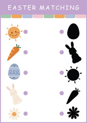 Easter printable worksheet shadow matching activity in color. Puzzle with cute easter elements. Find correct silhouette activity page for children