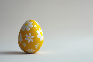 One yellow Easter egg with hand painted white flower design on a white background with copy space for text. Painted yellow egg with white daisy flowers. Happy Easter banner