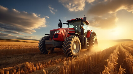 Fototapeta premium Tractor on field during agricultural harvest of grain with agricultural machinery, Farmer | Generative AI