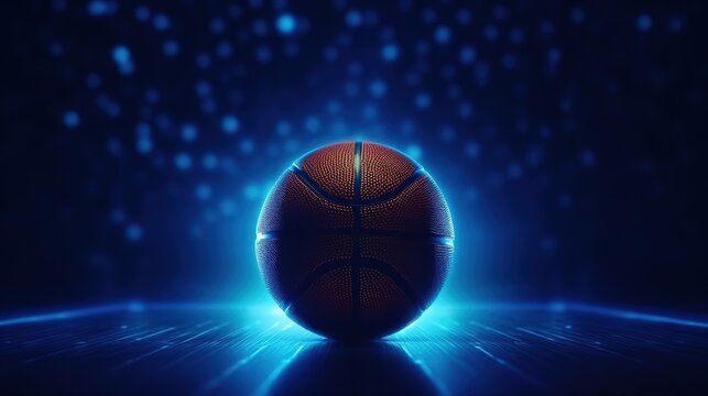 Editorial photo of a basketball ball. trending, award winning, blue tones, central composition, epic, cinematic, minimalistic, world cup championship, Generative Ai 