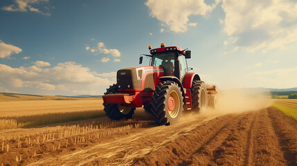 Obraz premium Tractor on field during agricultural harvest of grain with agricultural machinery, Farmer | Generative AI