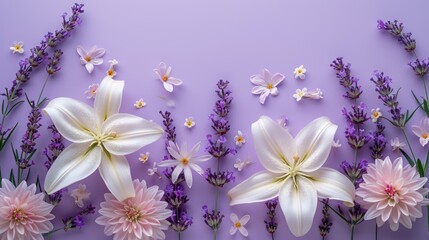 Blossoming Spring Flowers: White Lilies and Delicate Purple Flowers on a Lavender Background AI Generated