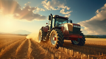Obraz premium Tractor on field during agricultural harvest of grain with agricultural machinery, Farmer | Generative AI