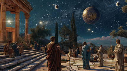 ancient Greek observatory, with philosophers and astronomers gathered around, studying a celestial globe and star charts, under a vividly depicted night sky full of stars and constellations, capturing