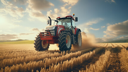 Fototapeta premium Tractor on field during agricultural harvest of grain with agricultural machinery, Farmer | Generative AI
