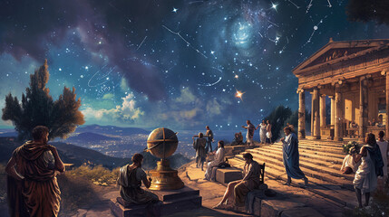ancient Greek observatory, with philosophers and astronomers gathered around, studying a celestial globe and star charts, under a vividly depicted night sky full of stars and constellations, capturing - obrazy, fototapety, plakaty