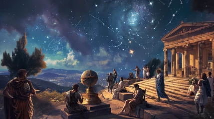 Fotobehang ancient Greek observatory, with philosophers and astronomers gathered around, studying a celestial globe and star charts, under a vividly depicted night sky full of stars and constellations, capturing © Gia