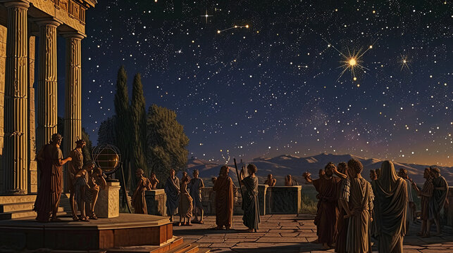ancient Greek observatory, with philosophers and astronomers gathered around, studying a celestial globe and star charts, under a vividly depicted night sky full of stars and constellations, capturing