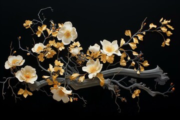 a depiction of golden blossoms on a black backdrop. Generative AI