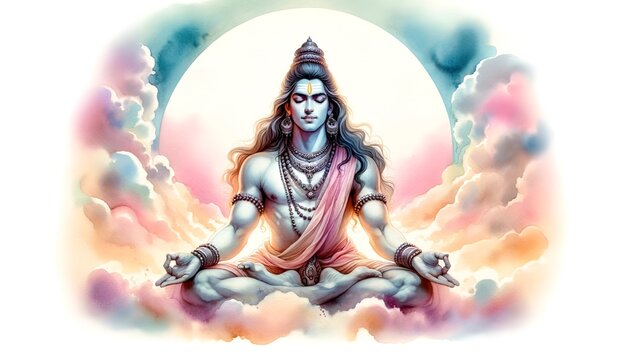 Watercolor illustration of god shiva in meditation.