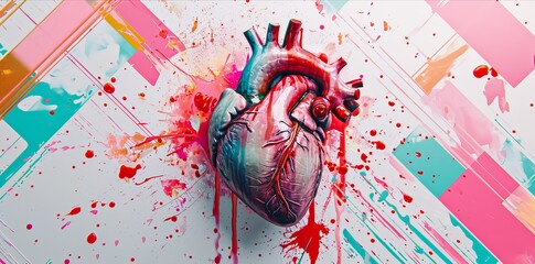 pop art style , anatomic  red heart on bright white  background, banner wallpaper valentine graphic...