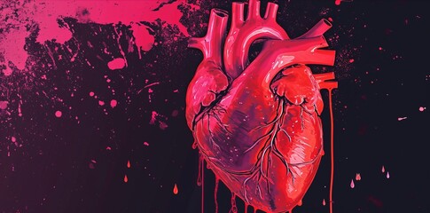 pop art style , anatomic  red heart on dark background, banner wallpaper valentine  concept