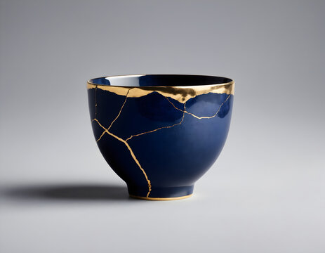 Kintsugi-Inspired Dark Blue Cup Shining Against a White Canvas