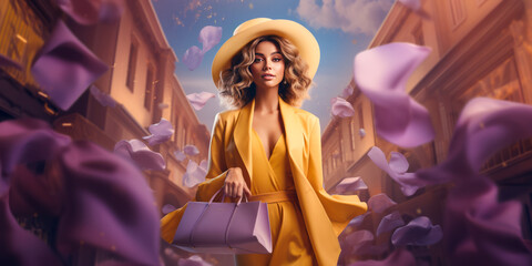 Stylish young woman in light yellow outfit with shopping bag outdoors. spring shopping concept - obrazy, fototapety, plakaty