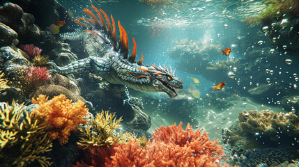 Naklejka na ściany i meble underwater dragon in a coral reef, detailed underwater scenery, realistic light refraction and bubbles, vibrant marine life around