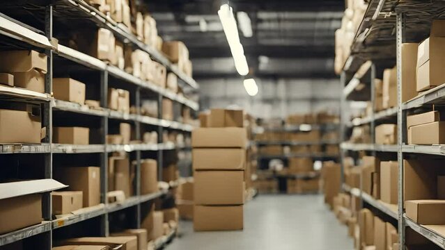 parcel storage and distribution warehouse. paper boxes stand on shelves. delivery service. Generative AI