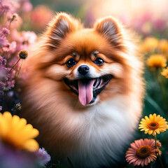 Obraz premium Dog among flowers.