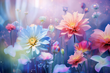 Fototapeta na wymiar dreamlike scene of vibrant flowers in a surreal environment, pastel colors. Generated with AI