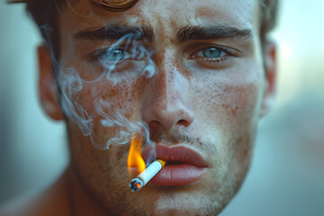 Close up young man smoking a cigarette 