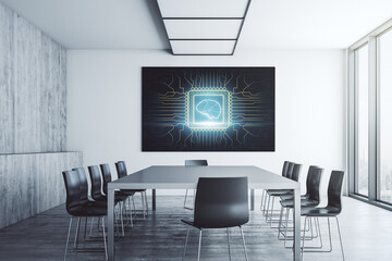 Creative human brain microcircuit on presentation monitor in a modern boardroom. Future technology and AI concept. 3D Rendering