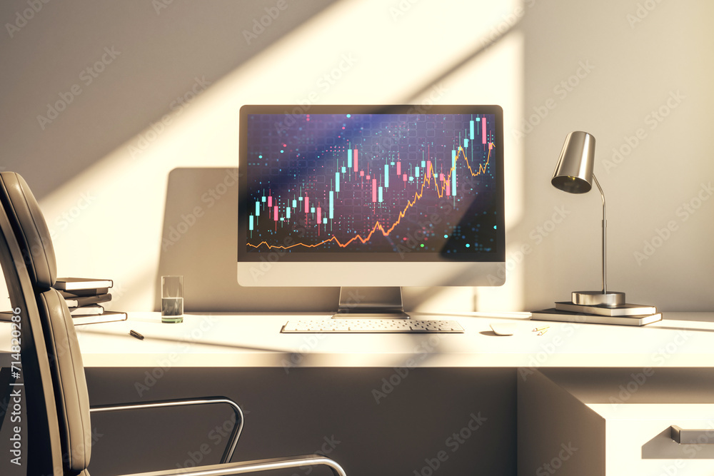 Poster modern computer display with abstract financial graph, financial and trading concept. 3d rendering